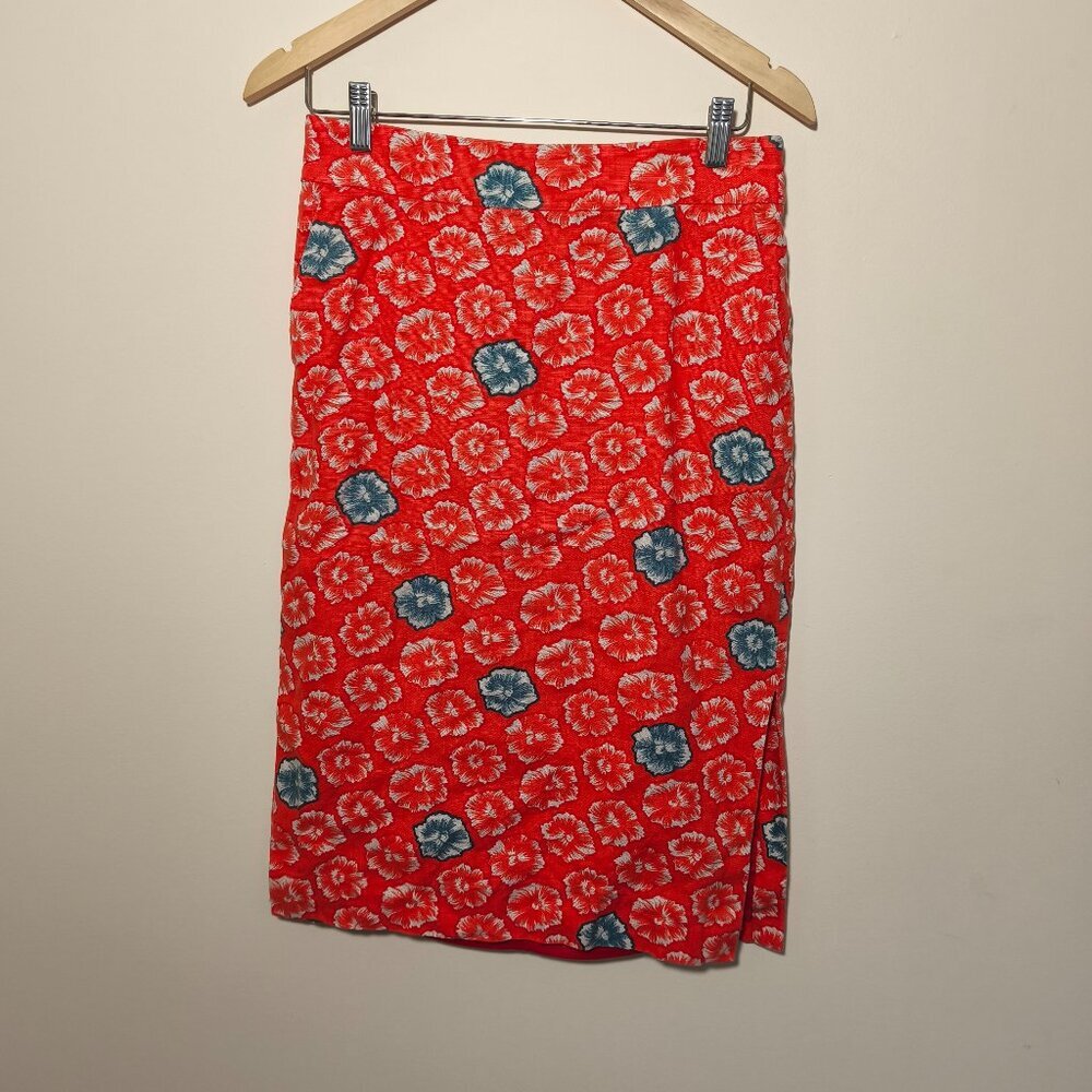 J Crew Floral Linen Elastic Waist Midi Pencil Skirt sz 6 Orange Blue Beach Resor